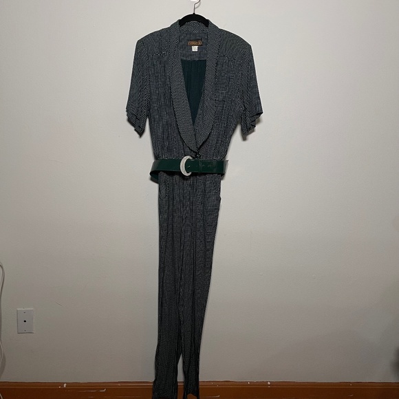 Vintage 90s Virgo II Green White Patterned Pantsuit Jumper With Belt Women's 10 - Picture 1 of 7